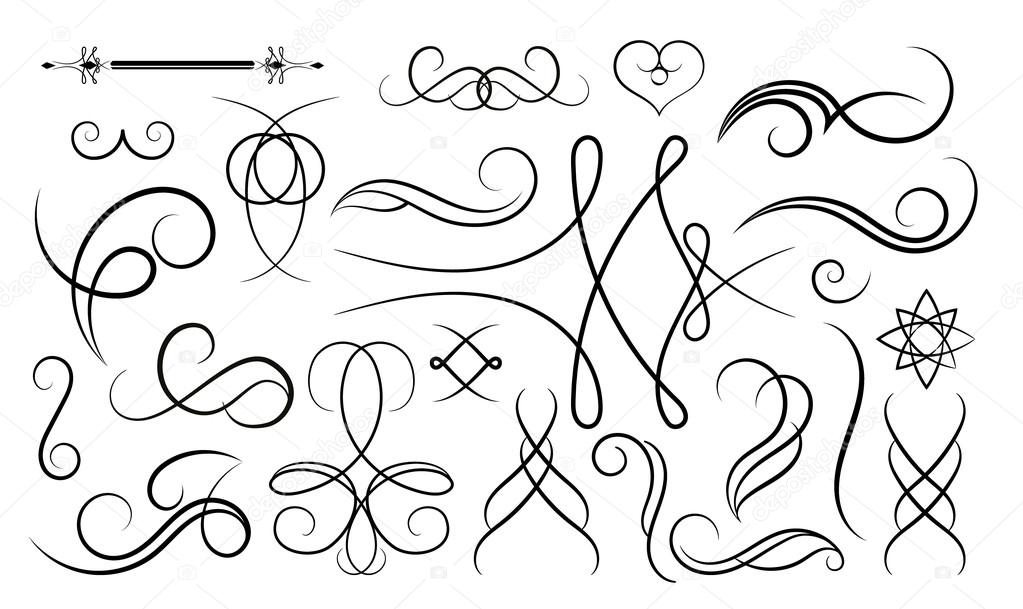 Vintage set decor elements. Elegance old hand drawing set. Ornate swirl leaves, label, curved lines and decor elements in vector. Decoration for logo, wedding album or restaurant menu