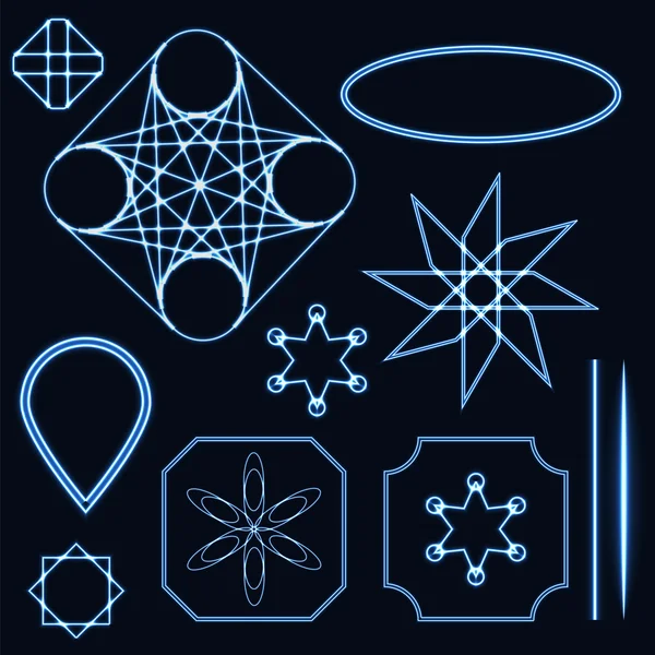 抽象的な青いネオン形状、星と円の未来的な波状フラクタル。クールな幾何学的な図 — ストックベクタ
