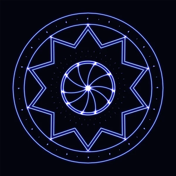 Vector blauwe neon zeshoek met geometrische sieraad. — Stockvector