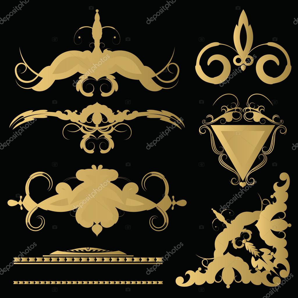 Wicker lines and old decor elements in vector. Vintage borders, frame and rosette in set. Decoration for logos, wedding album or restaurant menu. Collection gold decorative signs