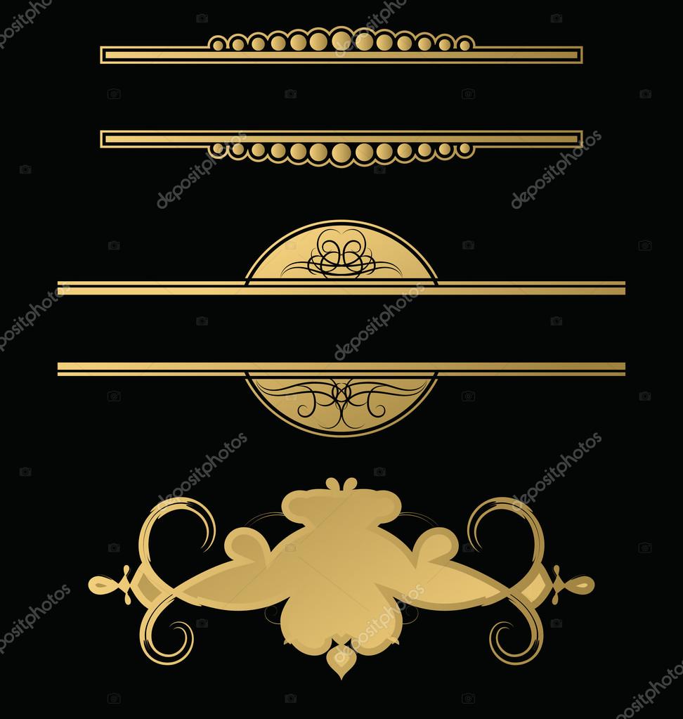 Wicker lines and old decor elements in vector. Vintage borders, frame and rosette in set. Decoration for logos, wedding album or restaurant menu. Collection gold decorative signs