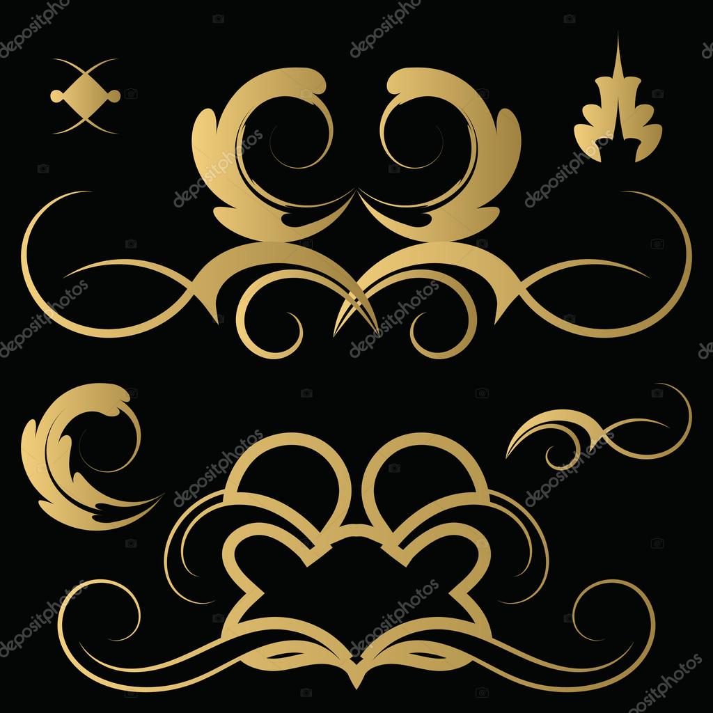 Wicker lines and old decor elements in vector. Vintage borders, frame and rosette in set. Collection gold decorative signs. Decoration for logos, wedding album or restaurant menu.