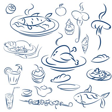 Set food and drinks sketch. Doodles collection mangal menu and d