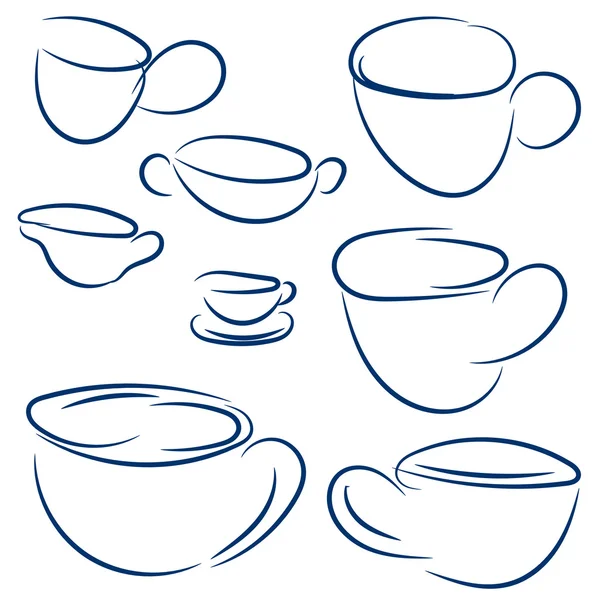 Conjunto de tazas de garabatos. Vector bosquejo colección azul. Símbolo abstracto dibujado a mano para café o menú de restaurante — Archivo Imágenes Vectoriales