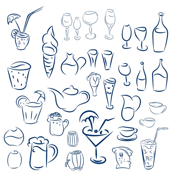 Doodles cocktail e dessert, frutta, caffè, alcol, bar, drin — Vettoriale Stock