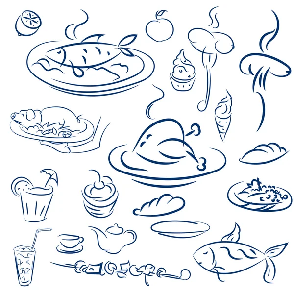 Set food and drinks sketch. Doodles collection mangal menu and d — Stock Vector