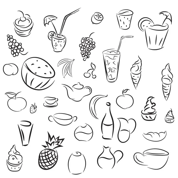 Doodles coquetéis e sobremesas, frutas, café, álcool, bar, drin — Vetor de Stock