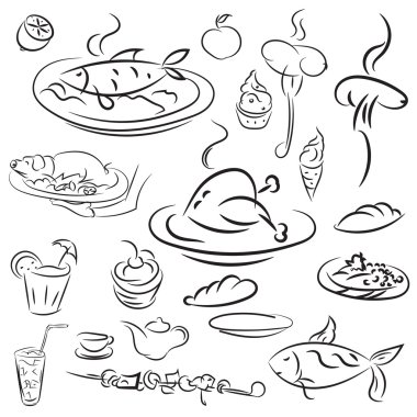 Set food and drinks sketch. Doodles collection mangal menu and d