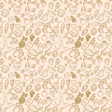 Texture seamless. Doodles cocktails and desserts, fruits,coffee,