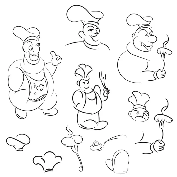 Conjunto de chefs de dibujos animados. Caricaturas para el menú. Dibujos de contorno divertido — Archivo Imágenes Vectoriales