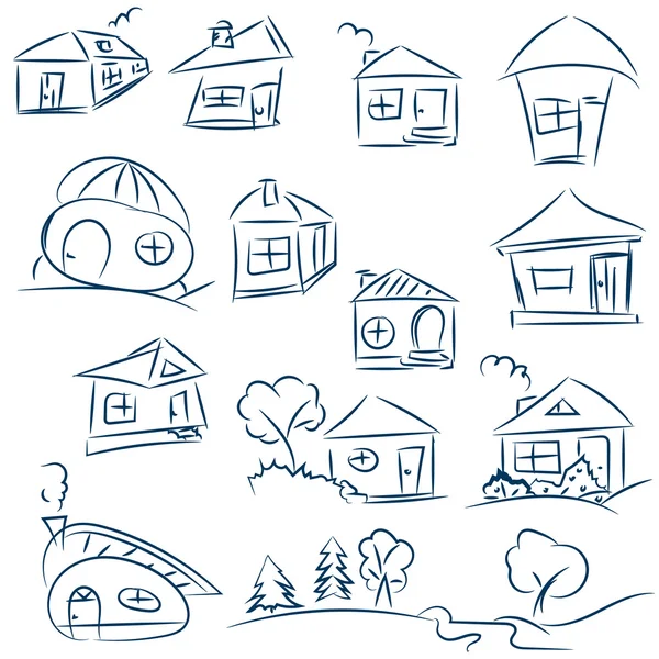Doodle hand drawn houses. Pencil vector sketch. Dark blue houses — Διανυσματικό Αρχείο
