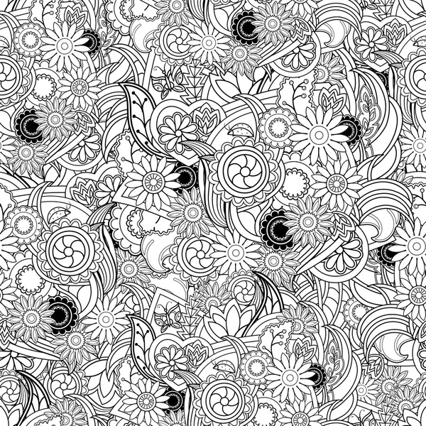 Floral black outline background. Seamless texture with flowers a — ストックベクタ