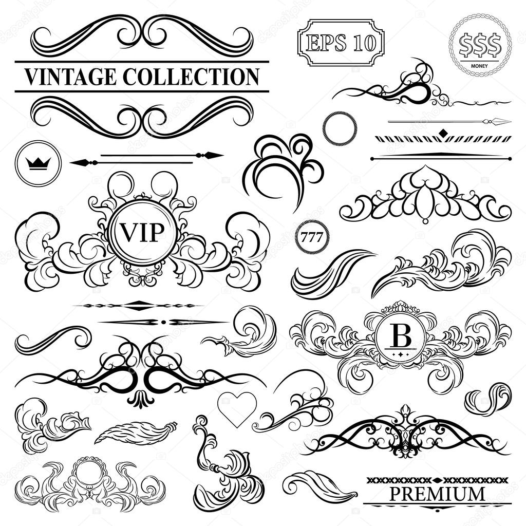 Vintage set decor elements. Elegance old hand drawing set. Outline ornate swirl leaves, label, acanthus, decor elements in vector. Big collection  borders for book, photo album or restaurant menu.