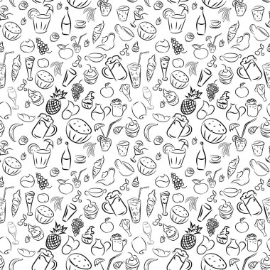 Texture seamless. Doodles cocktails and desserts, fruits,coffee,