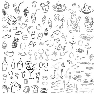 Vector set of crockery, cutlery, wine glasses, fruit, desserts,