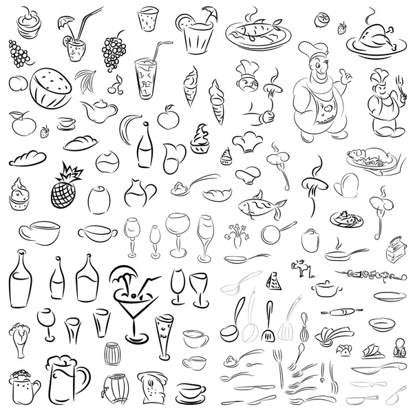 Vector set of crockery, cutlery, wine glasses, fruit, desserts, — Stock vektor