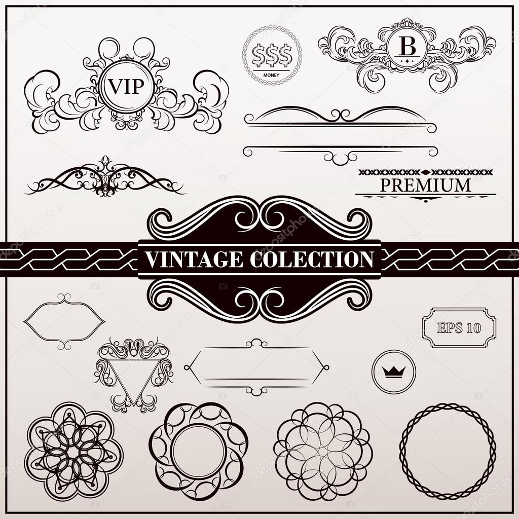 Vintage set decor elements. Elegance old hand drawing set. Outline ornate swirl leaves, acanthus, label, decor elements in vector. Big collection  borders for book, photo album or restaurant menu