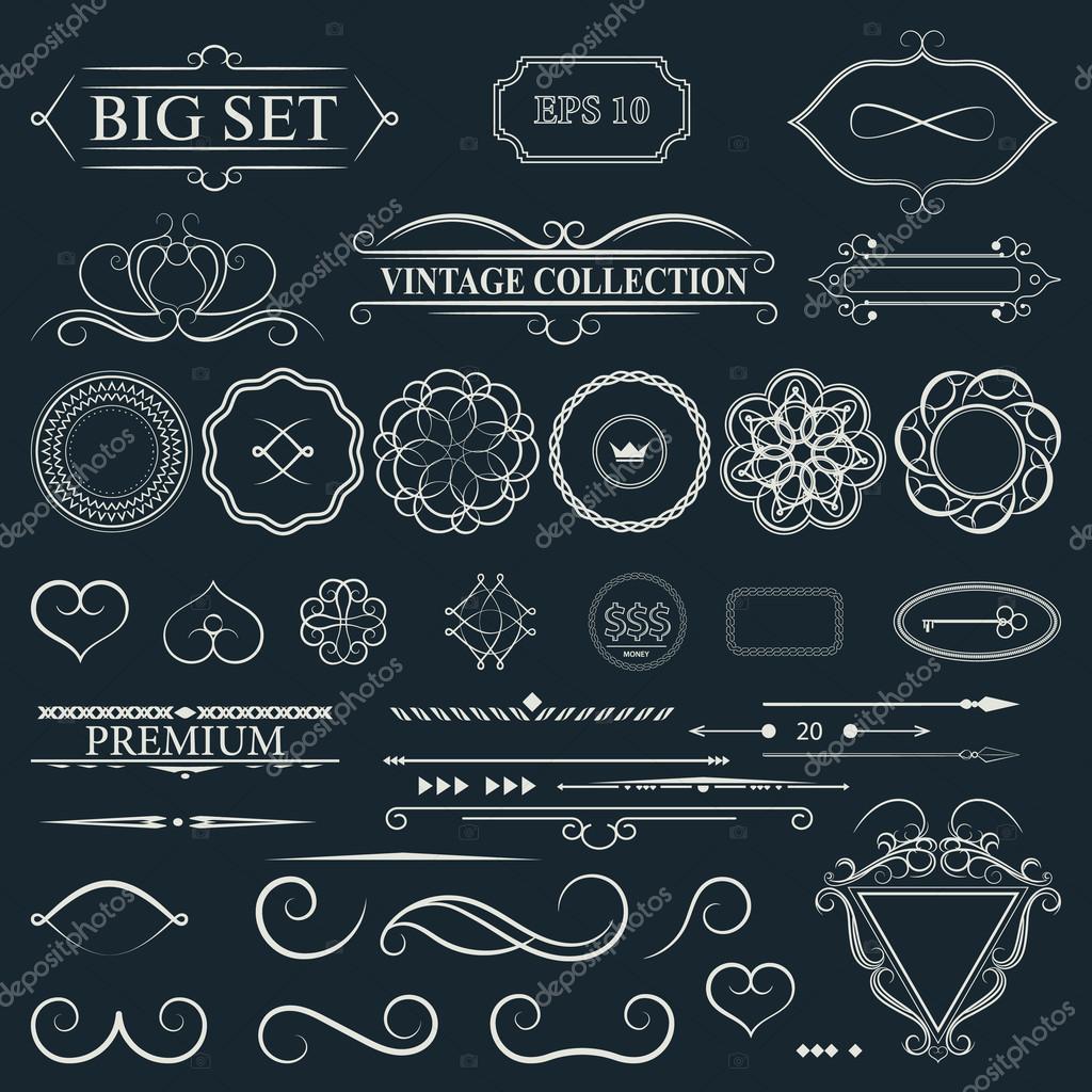 Vintage set decor elements for menu. Elegance old hand drawing set. Outline ornate swirl leaves, label, acanthus elements, shield and decor elements in vector. Signs for writer, wedding or restaurant