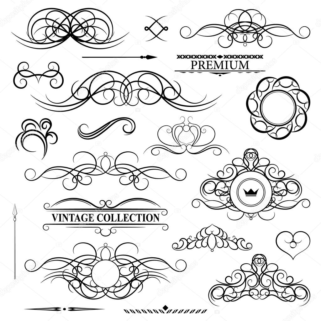 Vintage set decor elements for menu. Elegance old hand drawing set. Outline ornate swirl leaves, label, acanthus elements, shield and decor elements in vector. Sketch for writer, wedding or restaurant.