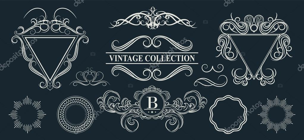 Vintage set decor elements for menu. Elegance old hand drawing set. Outline ornate swirl leaves, label, acanthus elements, shield and decor elements in vector. Signs for writer, wedding or restaurant.
