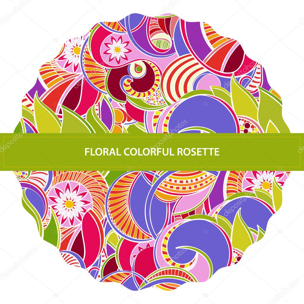 Rosette in white background. Multicolored floral background.Temp