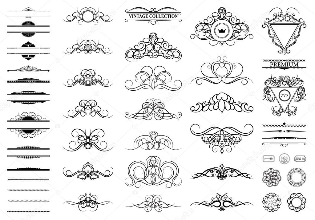Vintage set decor elements. Decoration for logo, wedding album or restaurant menu. Elegance old hand drawing set. Ornate swirl leaves, label, curved lines and decor elements in vector.