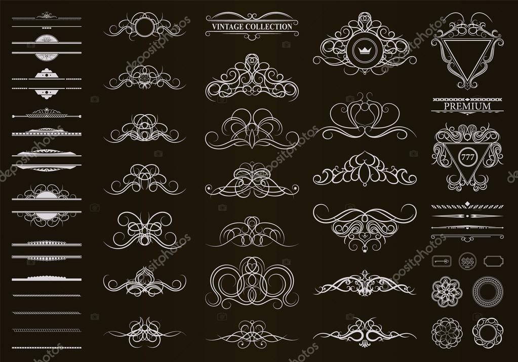 Vintage set decor elements. Decoration for logo, wedding album or restaurant menu. Elegance old hand drawing set. Ornate swirl leaves, label, curved lines and decor elements in vector.