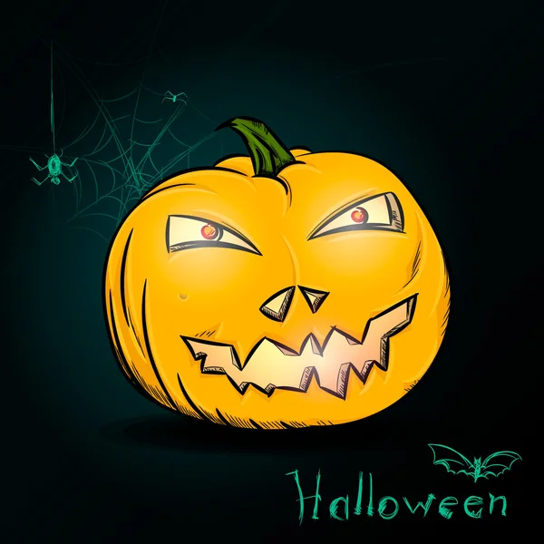 Calabaza de Halloween con telarañas y un murciélago sobre fondo verde oscuro — Vector de stock