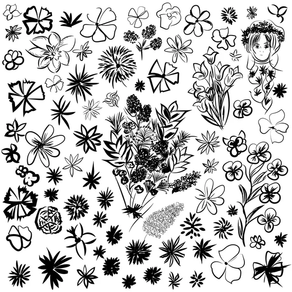 Doodle setzte verschiedene Blumen in Skizzen. Vektorumriss Blumen f — Stockvektor