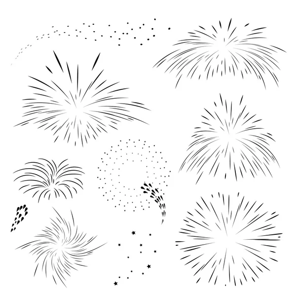 Ponga fuegos artificiales en el contorno negro. Plantillas de explosión para vacaciones — Vector de stock