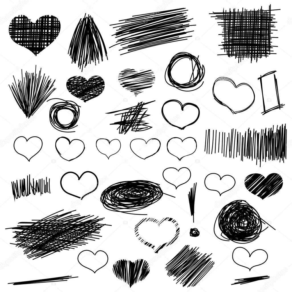 Pencil sketches. Hand drawn scribble shapes and heart. A set of