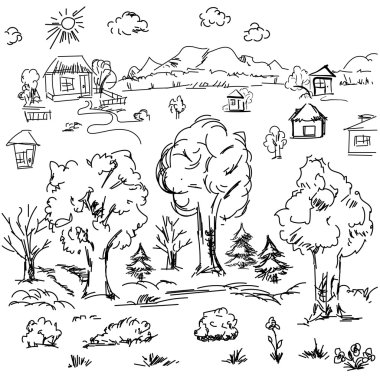 Elements of landscape in outline. Doodle sketch outdoor elements