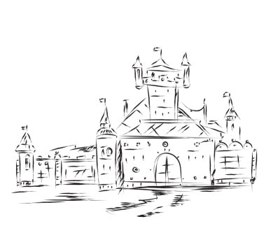 Old castle in sketch. Medieval fairy castle in vector.