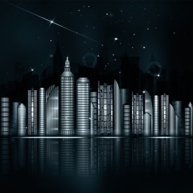 Night blue green city in vector. Town with skyscraper, river, li