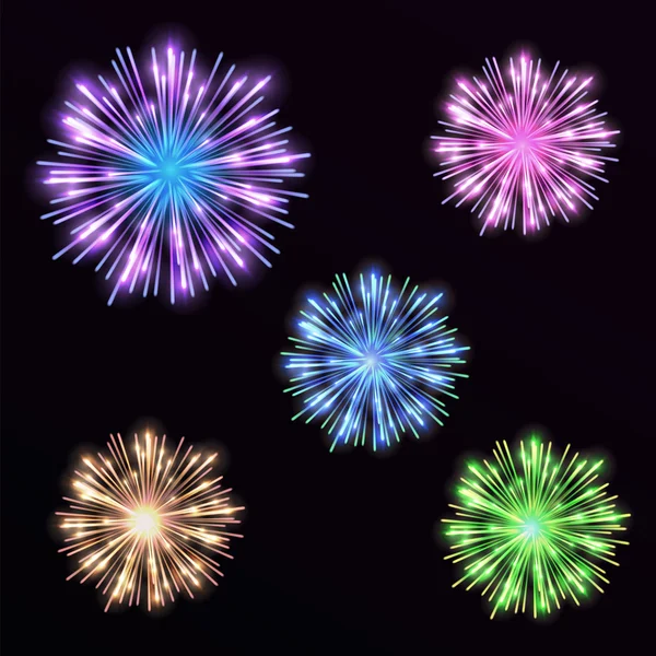Fogos de artifício coloridos no fundo preto. Céu noturno com saudação — Vetor de Stock