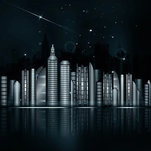 Noche azul ciudad verde en vector. Ciudad con rascacielos, río, li — Vector de stock