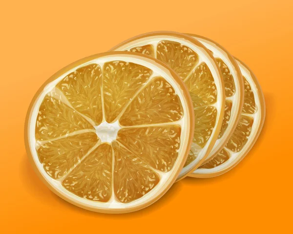 Orange de tranches sur fond orange et jaune. Vecto isolé — Image vectorielle
