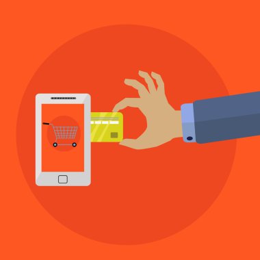 Kredi kartı vektör kavramı ile alışveriş çizgi üstünde hareket eden telefon
