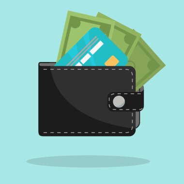 Kredi kartı ve nakit vektör çizim ile siyah cüzdan