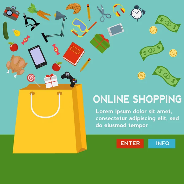 Bir alışveriş çantası Dolum, alışveriş online vektör konsept ürünler — Stok Vektör