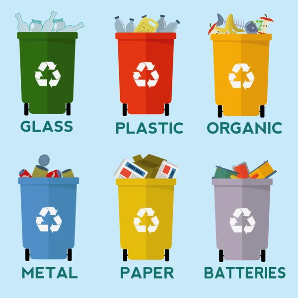 Kleurrijke recycle vuilnisbakken voor afvalscheiding vector set — Stockvector