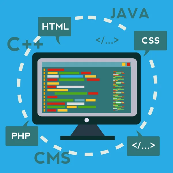 Kódování a programování, App vývoj a tvorbu, Software a program kód, Web design vektor koncept — Stockový vektor