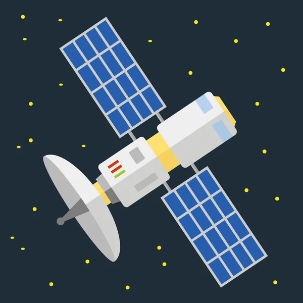 Satélite de comunicação com painéis solares em ilustração vetorial espacial — Vetor de Stock