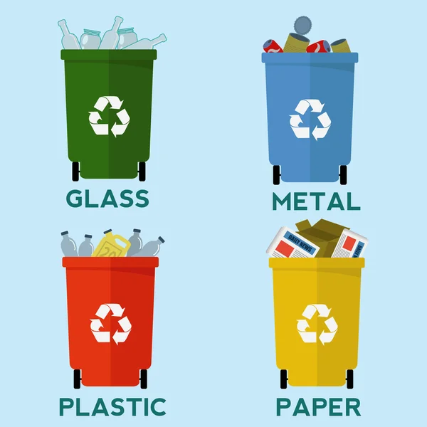 Sampah daur ulang berwarna, konsep vektor pemisahan sampah - Stok Vektor