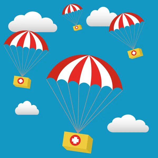 Medical Relief Supplies Air Drop With Parachutes Vector Illustration — Stock Vector