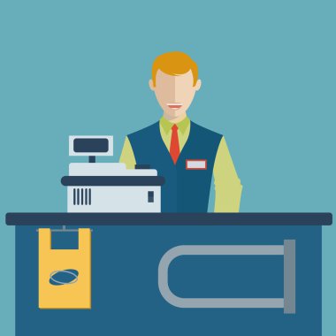 Supermarket store counter desk equipment and cashier clerk in uniform  clipart