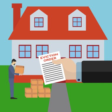 man being evicted from his home by big bank business holding eviction order vector concept clipart
