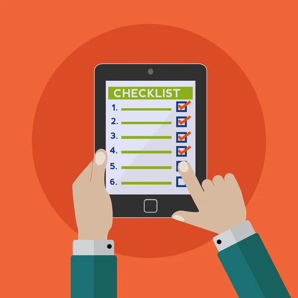 Manos sosteniendo la tableta y la comprobación de elementos en una ilustración vectorial de la lista de verificación — Archivo Imágenes Vectoriales