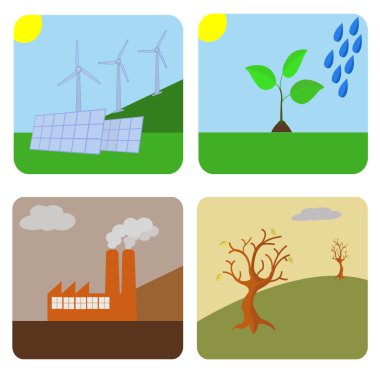 düz tasarım vektör konsept illüstrasyon simgeleri ile ekoloji, çevre, yeşil enerji ve kirliliği