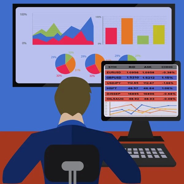 Näringsidkare handel på rad med analytiska diagram vektor illustration — Stock vektor